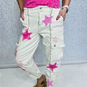 Oli & Hali Cream Cargo Jeans with Pink Star Patches